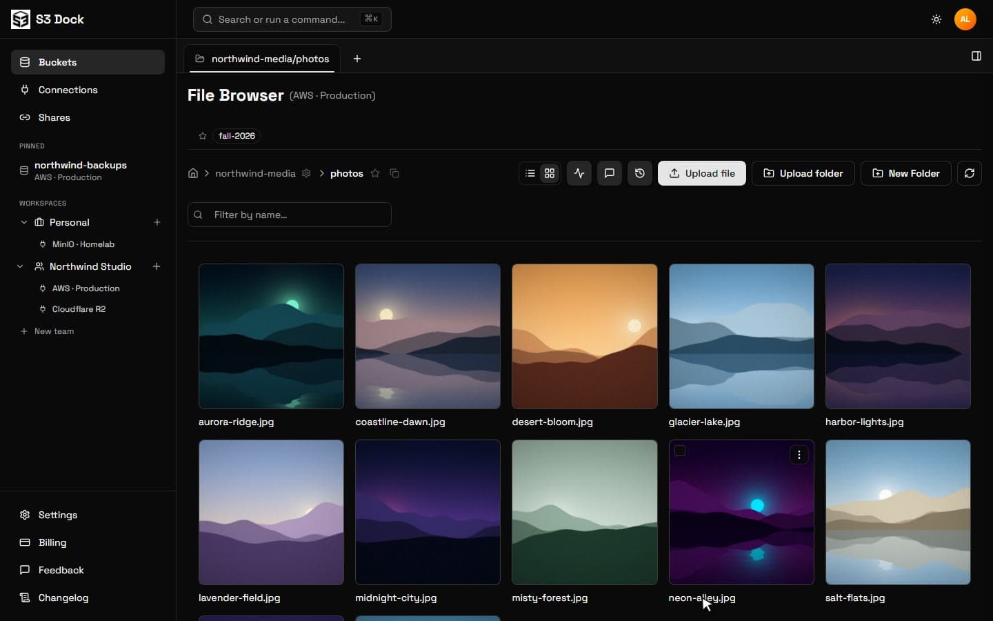 S3 Dock showing a bucket's photos folder as a thumbnail grid